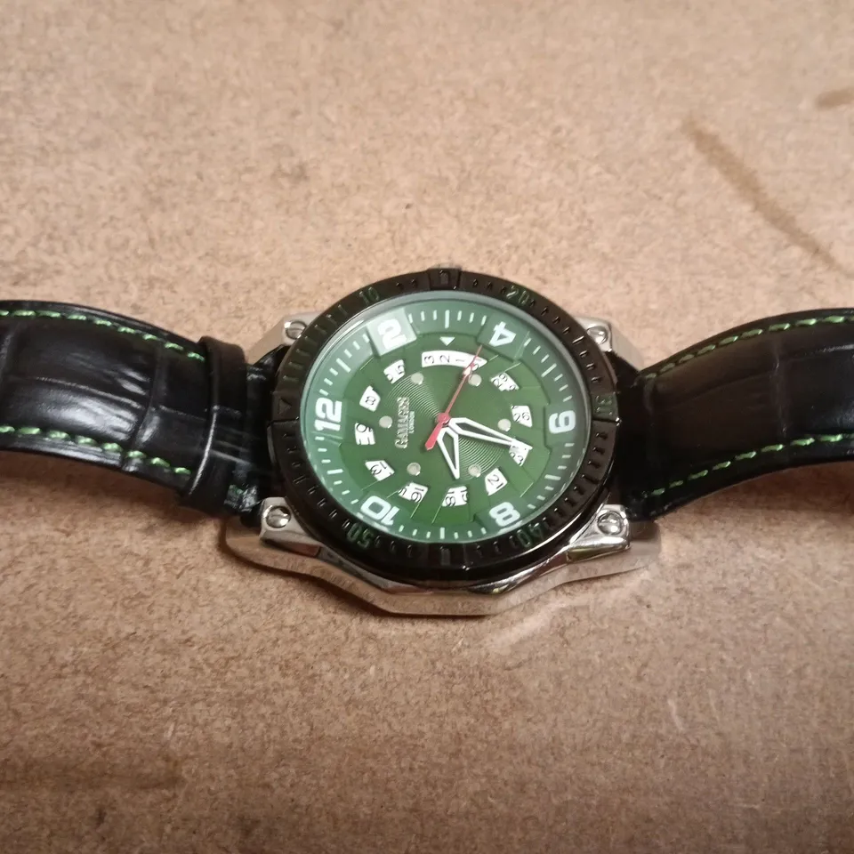 GAMAGES LONDON ADVENTURER LIMITED EDITION WRISTWATCH – GREEN DIAL, BLACK LEATHER STRAP (BOXED)