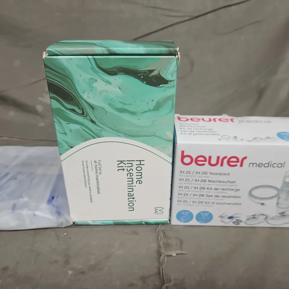 APPROXIMATELY 5 ASSORTED ITEMS TO IMCLUDE BEURER MEDICAL IH21/IH26 YEARPACK + HOME INSEMINATION KIT AND DISPOSABLE SYRINGE
