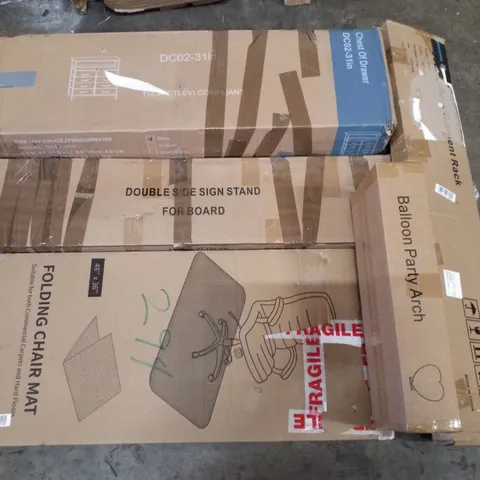 PALLET CONTAINING ASSORTED PRODUCTS INCLUDING CHEST OF DRAWERS, DOUBLE SIDE SIGN STAND, FOLDING CHAIR MAT, BALLOON PARTY ARCH & DOUBLE DECK GARMENT RACK