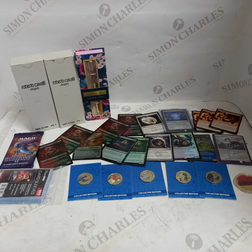 LOT OF ASSORTED ITEMS, TO INCLUDE COLLECTIBLE COINS, MAGIC THE GATHERING CARDS, ETC