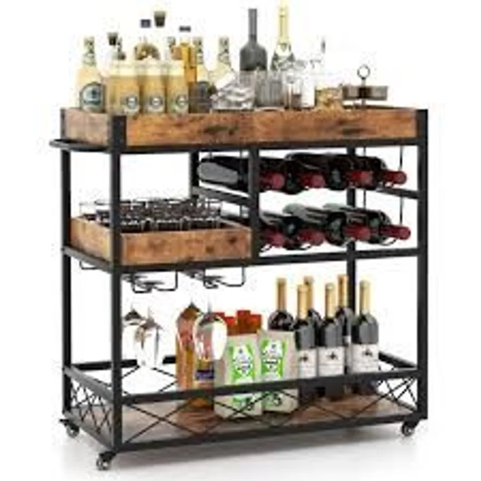 BOXED 3-TIER INDUSTRIAL KITCHEN SERVING CART ROLLING BAR SERVING TROLLEY W/ WINE RACK