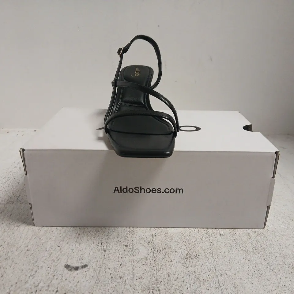 BOXED PAIR OF ALDO OPEN TOE LOW HEEL SANDALS IN BLACK SIZE UK 6