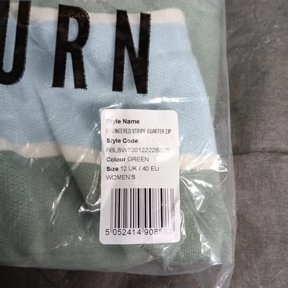 BAGGED BRAKEBURN WOMEN'S ENGINEERED STRIPE QUARTER ZIP TOP – GREEN, UK 12 (EU 40)