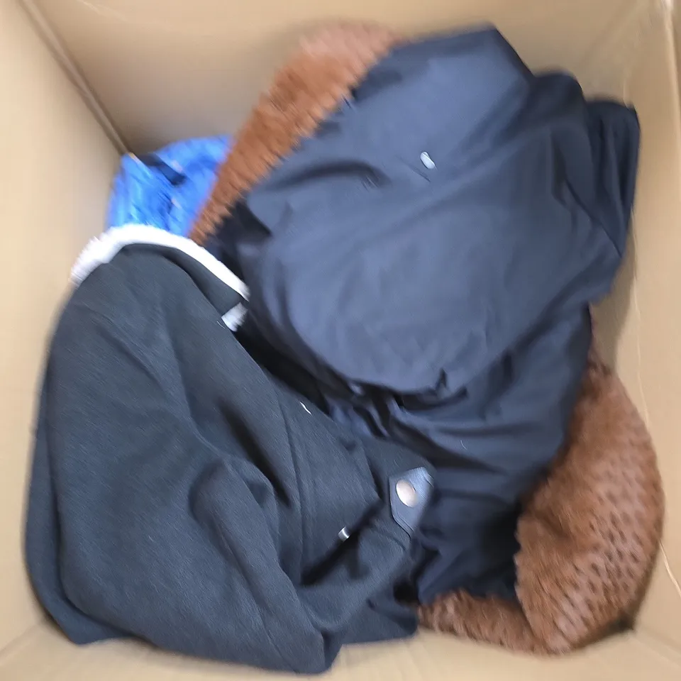 LARGE BOX OF ASSORTED CLOTHING ITEMS IN VARIOUS COLOURS, SIZES AND STYLES