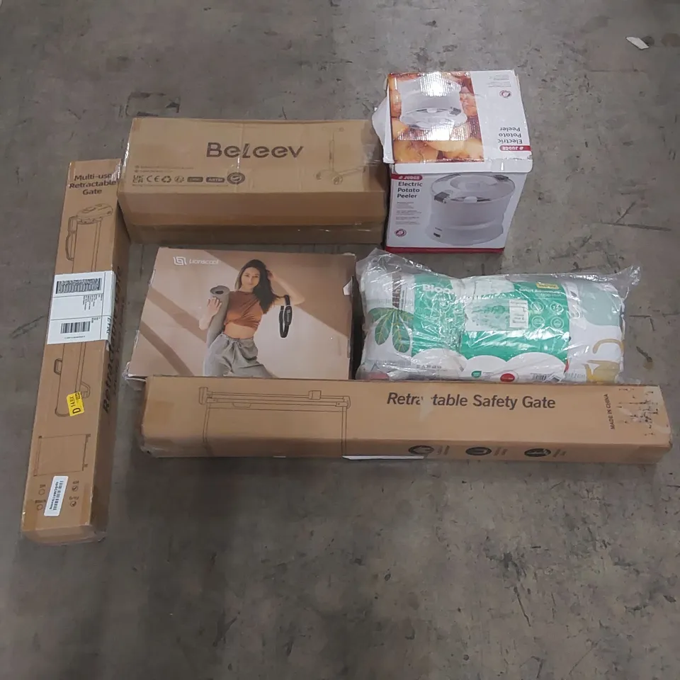 PALLET OF ASSORTED ITEMS INCLUDING: KIDS SCOOTER, RETRACTABLE SAFETY GATE, ELECTRIC POTATO PEELER, YOGA MAT, BABY MAT ECT
