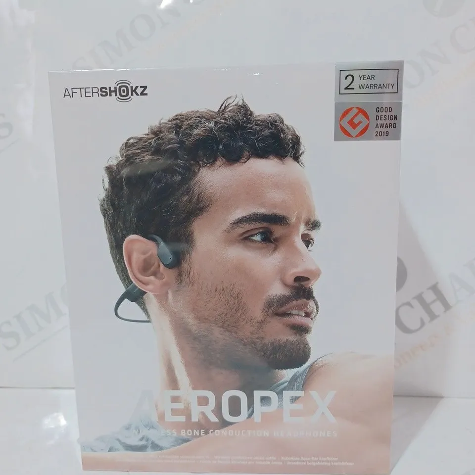 BOXED AFTERSHOKZ AEROPEX WIRELESS BONE CONDUCTION HEADPHONES IN COSMIC BLACK COLOUR