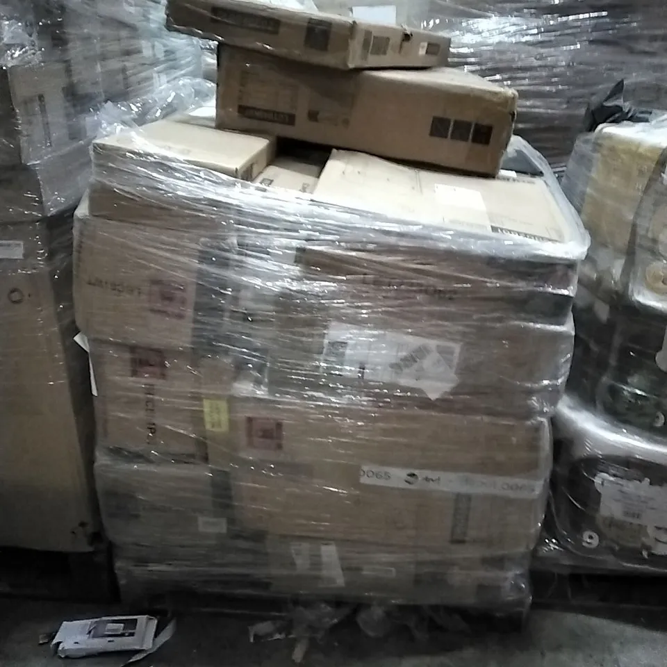 PALLET OF HOUSEHOLD ITEMS TO INCLUDE SHELVING UNIT, COFFEE TABLE, LAUNDRY SORTER AND OTHER ASSORTED ITEMS...