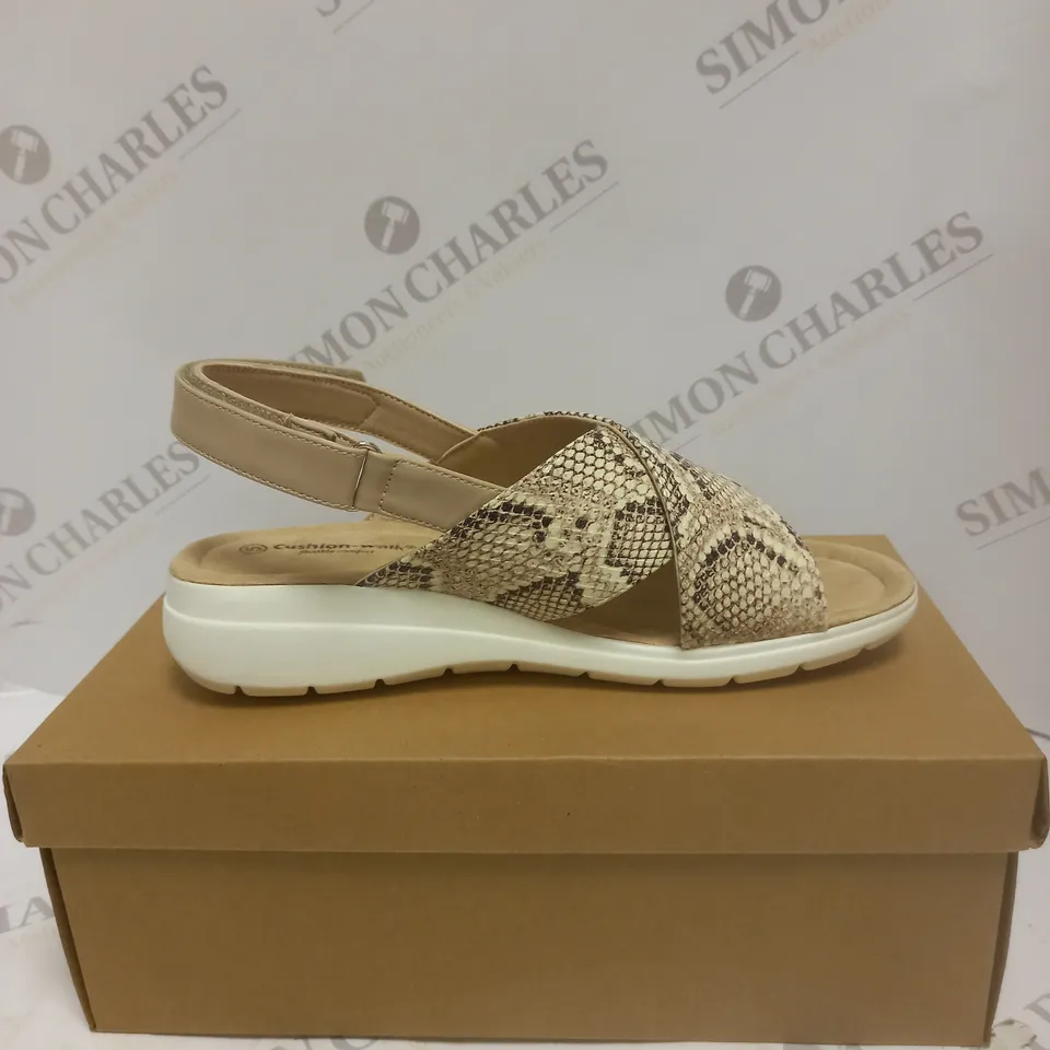 BOXED PAIR OF CUSHION WALK SNAKESKIN SANDALS - SIZE 5