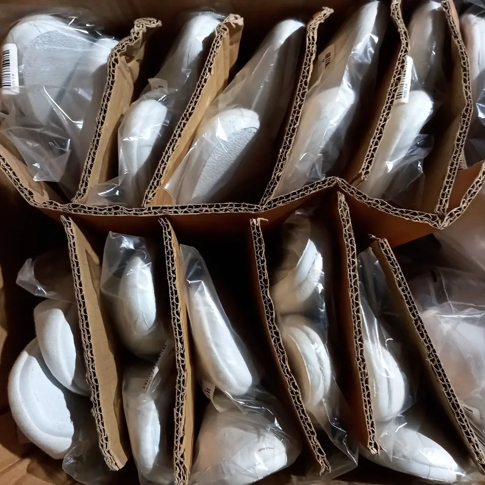 APPROXIMATELY 12 PAIRS OF WHITE CANVAS FLAT SINGLE STRAP SHOES SIZE 6