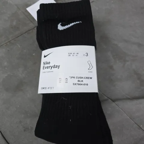 NIKE EVERYDAY COTTON CUSHIONED CREW SOCKS, BLACK, 3-PACK, UK 8-11 