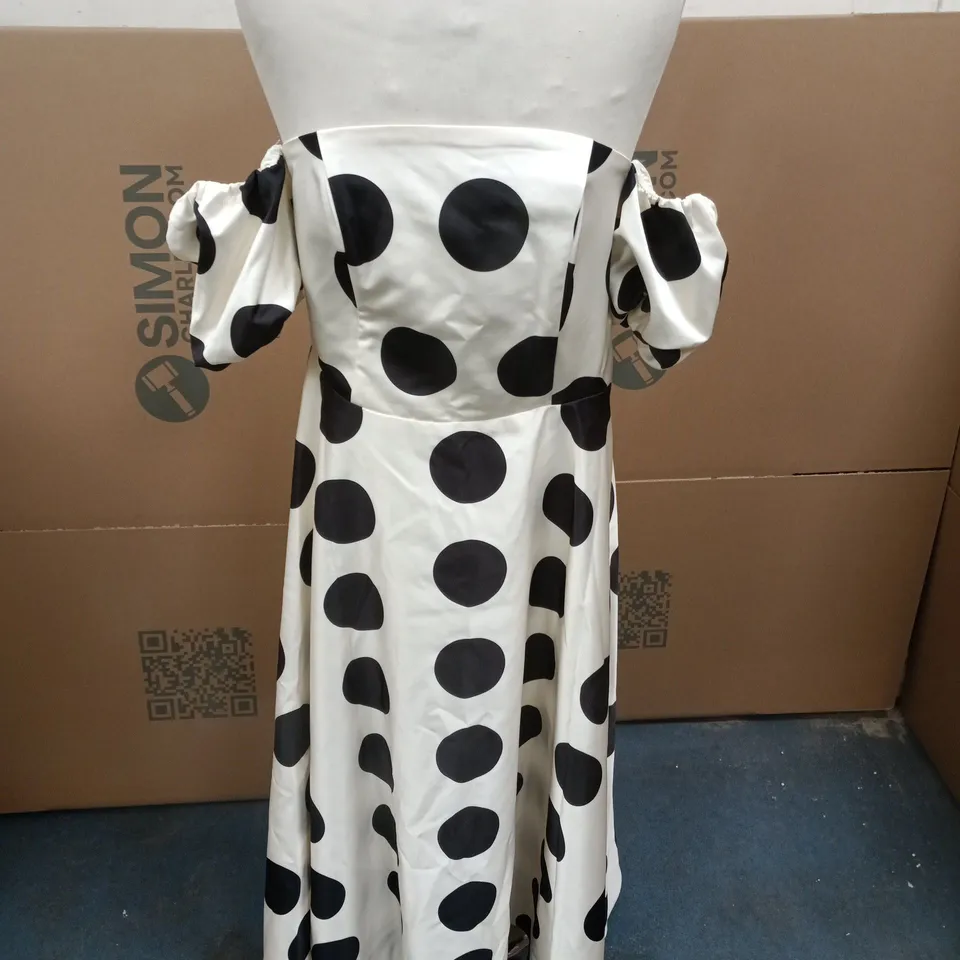 KALEIDOSCOPE WOMEN'S POLKA DOT DRESS – WHITE WITH BLACK DOTS, PUFF SLEEVES SIZE 10