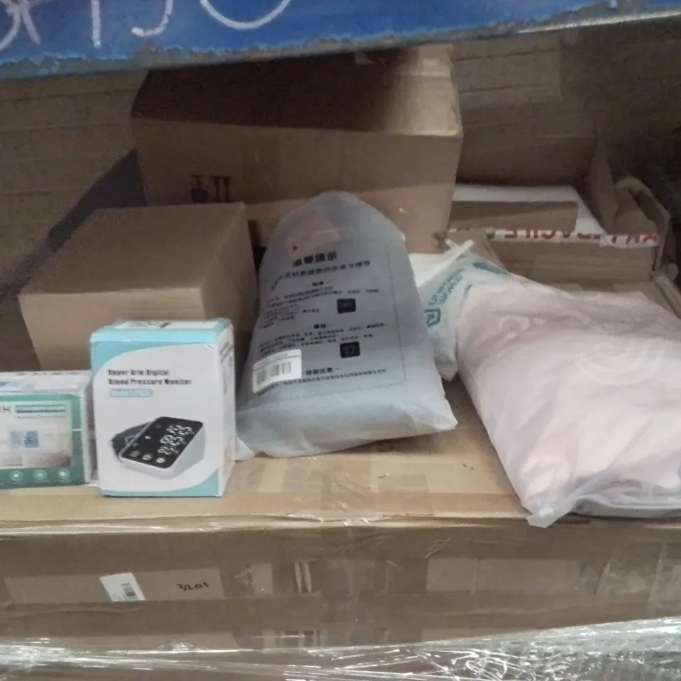 PALLET CONTAINING LARGE AMOUNT OF ASSORTED BOXED HOUSEHOLD PRODUCTS INCLUDING BLOOD PRESSURE TESTING KIT, BAGGED CLOTHING ITEMS, PLASTIC FENCING 