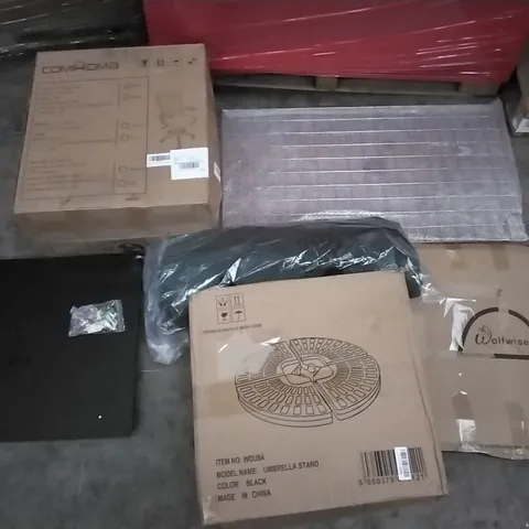 PALLET OF ASSORTED ITEMS INCLUDING COMHOMA OFFICE CHAIR, UMBRELLA STAND, WOLFWISE BEACH TENT, RUMCENT ROSE GOLD PHOTO FRAMES, PRO IRON 1.25KG SET