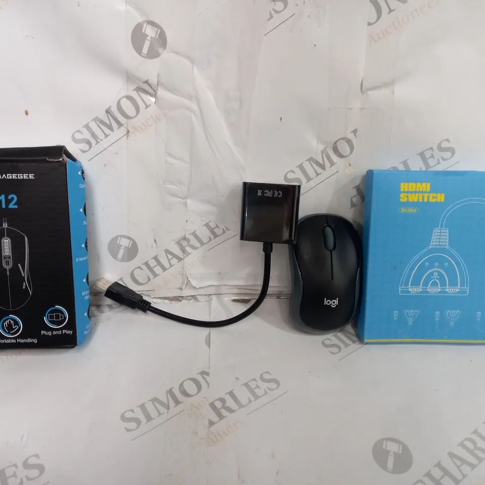 BOX OF APPROXIMATELY 8 ASSORTED ITEMS TO INCLUDE - MAGEGEE G12 MOUSE - HDMI SWITCH - LOGI TECH MOUSE ECT