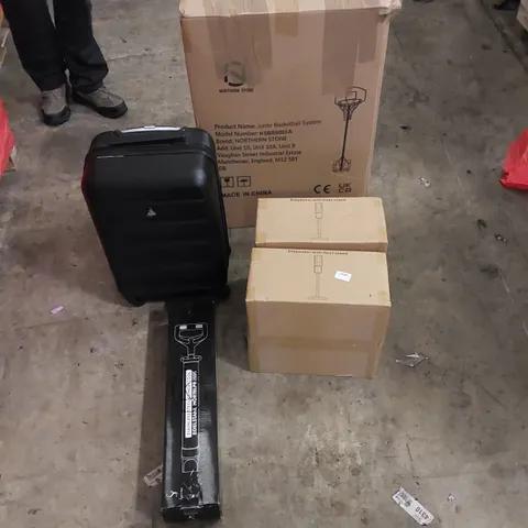 PALLET TO CONTAIN ASSORTED HOUSEHOLD ITEMS AND CONSUMER PRODUCTS. INCLUDING BASKETBALL SYSTEM, TRAVEL BAG, DISPENSER WITH FLOOR STAND, BOXED FURNITURE ETC