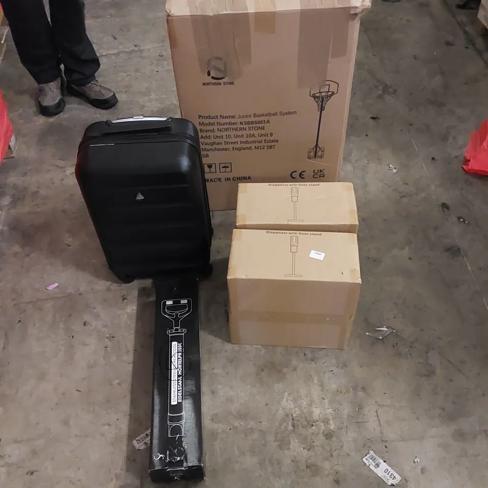 PALLET TO CONTAIN ASSORTED HOUSEHOLD ITEMS AND CONSUMER PRODUCTS. INCLUDING BASKETBALL SYSTEM, TRAVEL BAG, DISPENSER WITH FLOOR STAND, BOXED FURNITURE ETC