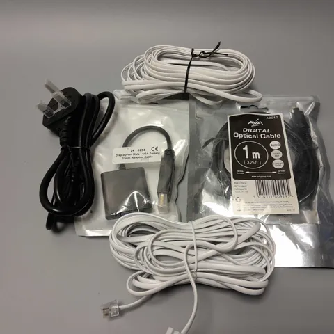 APPROXIMATELY 5 ASSORTED CABLES TO INCLUDE DIGITAL OPTICAL CABLE, DISOLAYPORT - VGA FEMALE 15CM ADAPTOR CABLE, RJ11 TO PHONE CABLE, ETC