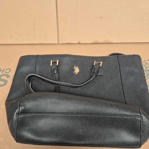 US POLO ASSN BLACK PEBBLED FAUX LEATHER HANDBAG WITH GOLD-TONE HARDWARE