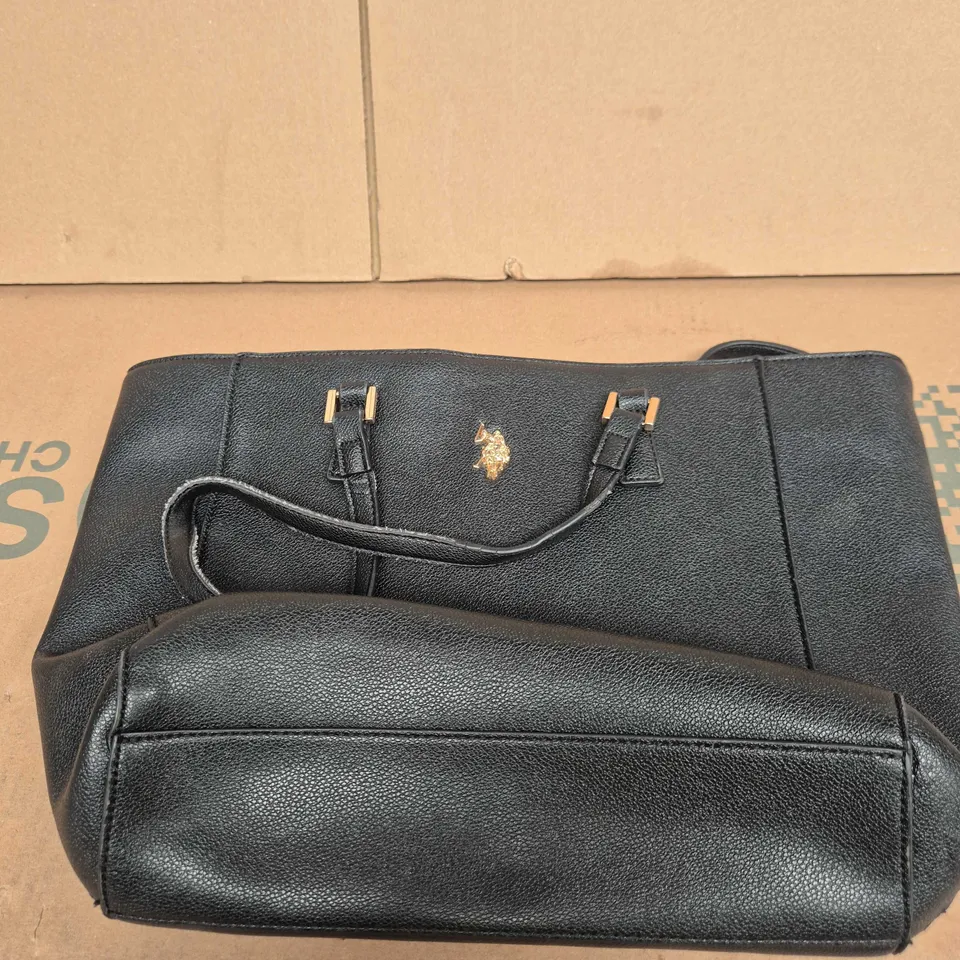 US POLO ASSN BLACK PEBBLED FAUX LEATHER HANDBAG WITH GOLD-TONE HARDWARE