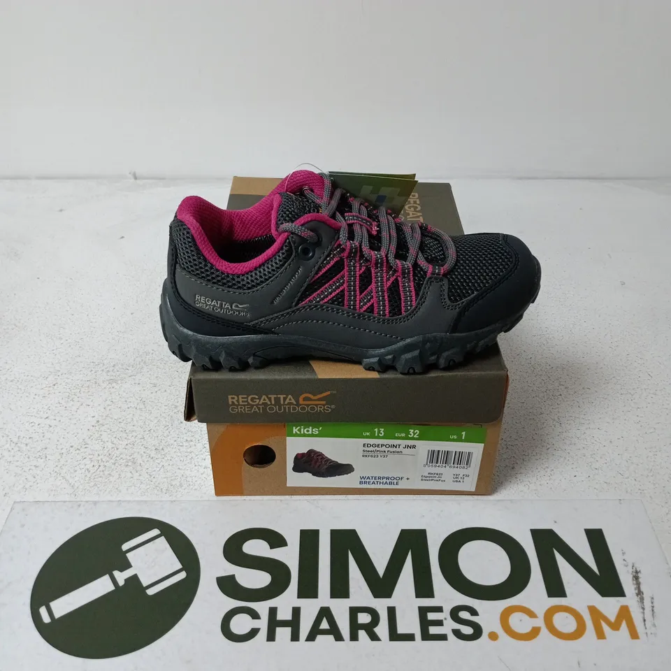 8 BOXED PAIRS OF BRAND NEW REGATTA KIDS EDGEPOINT JNR SHOES IN STEEL/PINK FUSION - UK 12 & 13