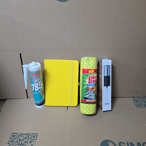 BOX OF APPROXIMATELY 15 ASSORTED HOUSEHOLD ITEMS TO INCLUDE MILK FROTHER, NOTEBOOK AND PEN AND A PACK OF ELBOW GREASE POWER CLOTHS