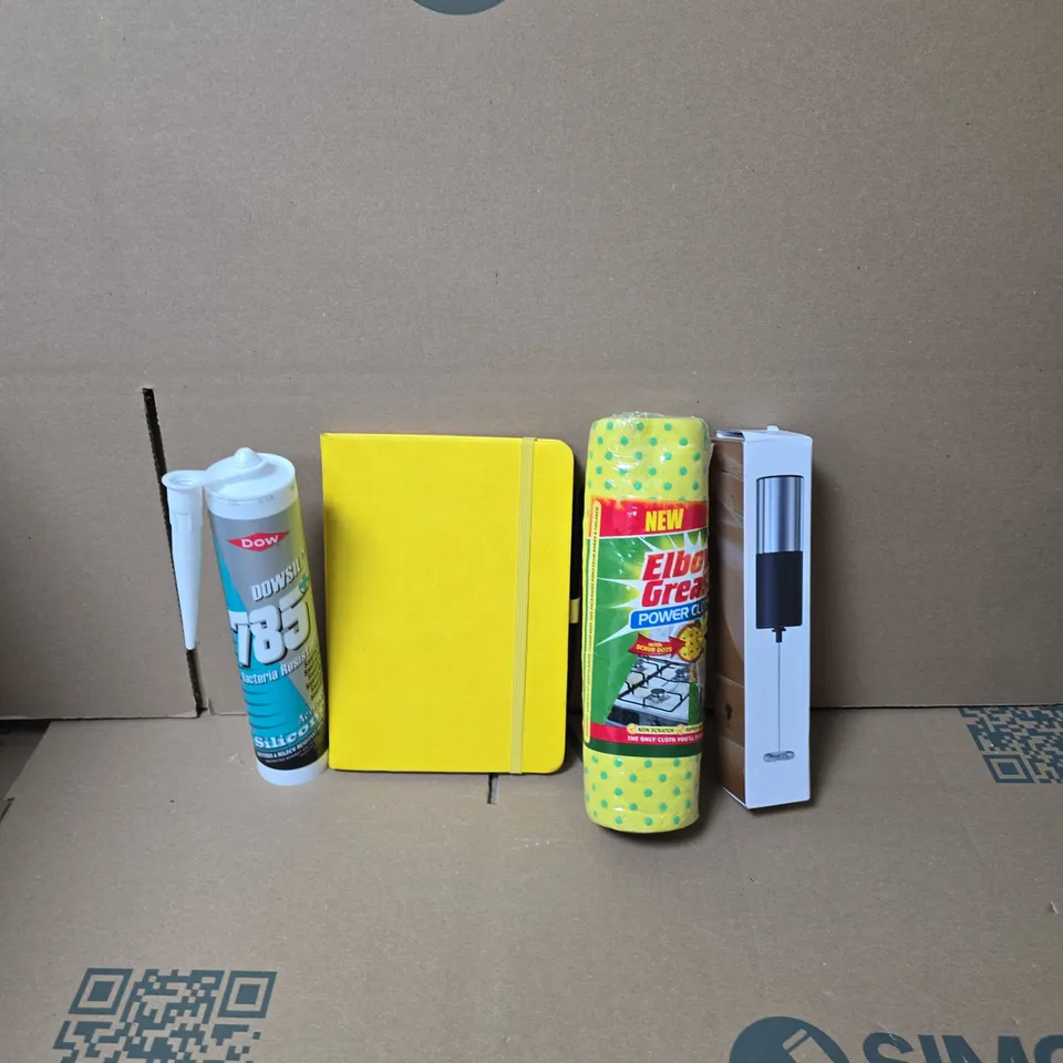BOX OF APPROXIMATELY 15 ASSORTED HOUSEHOLD ITEMS TO INCLUDE MILK FROTHER, NOTEBOOK AND PEN AND A PACK OF ELBOW GREASE POWER CLOTHS