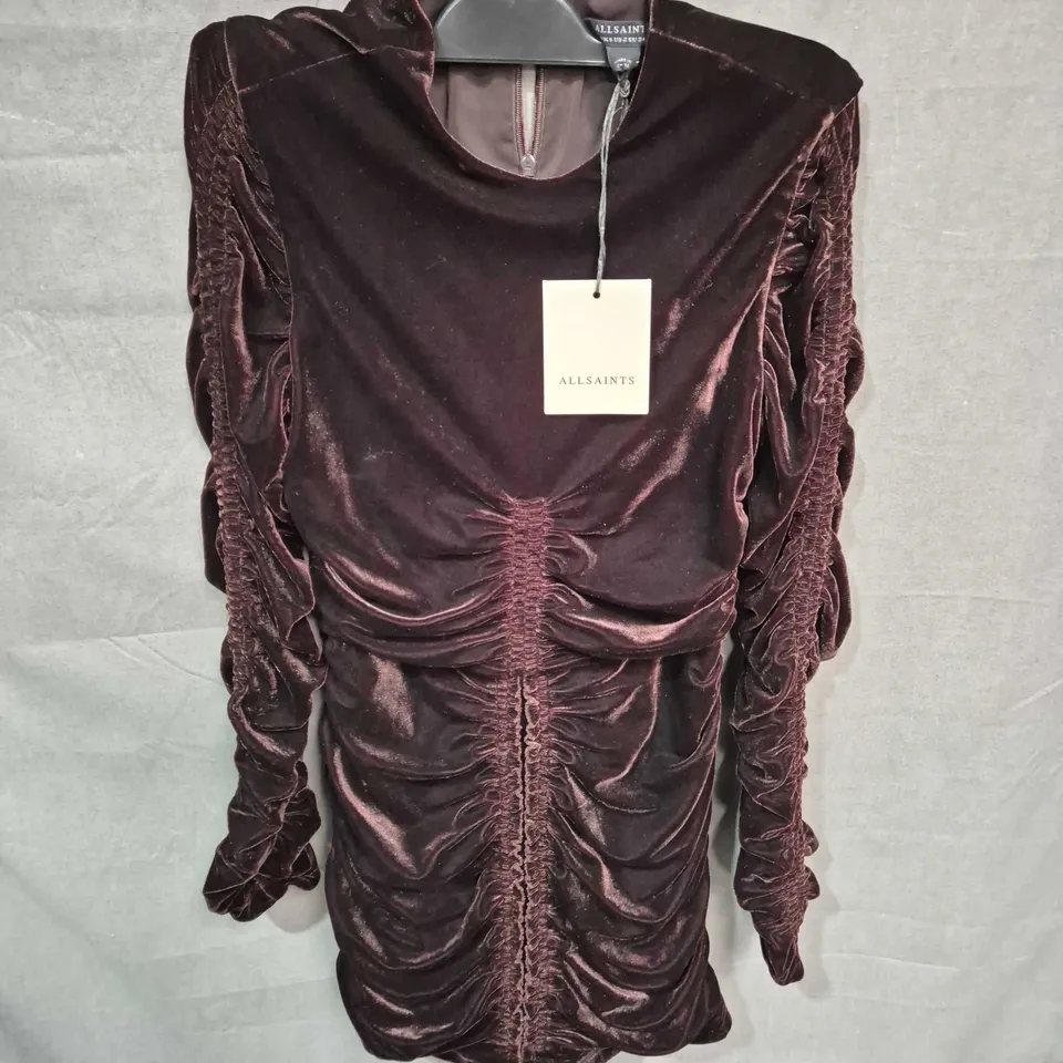 ALL SAINTS ERIS RUCHED VELVET MINI DRESS IN RICH BROWN - UK 6