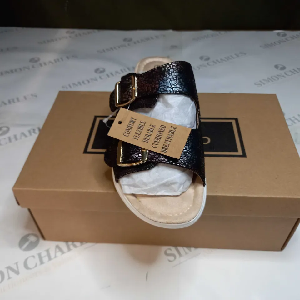 BOXED PAIR OF CUSHION WALK DOUBLE BUCKLE MULES IN BLACK - SIZE 5
