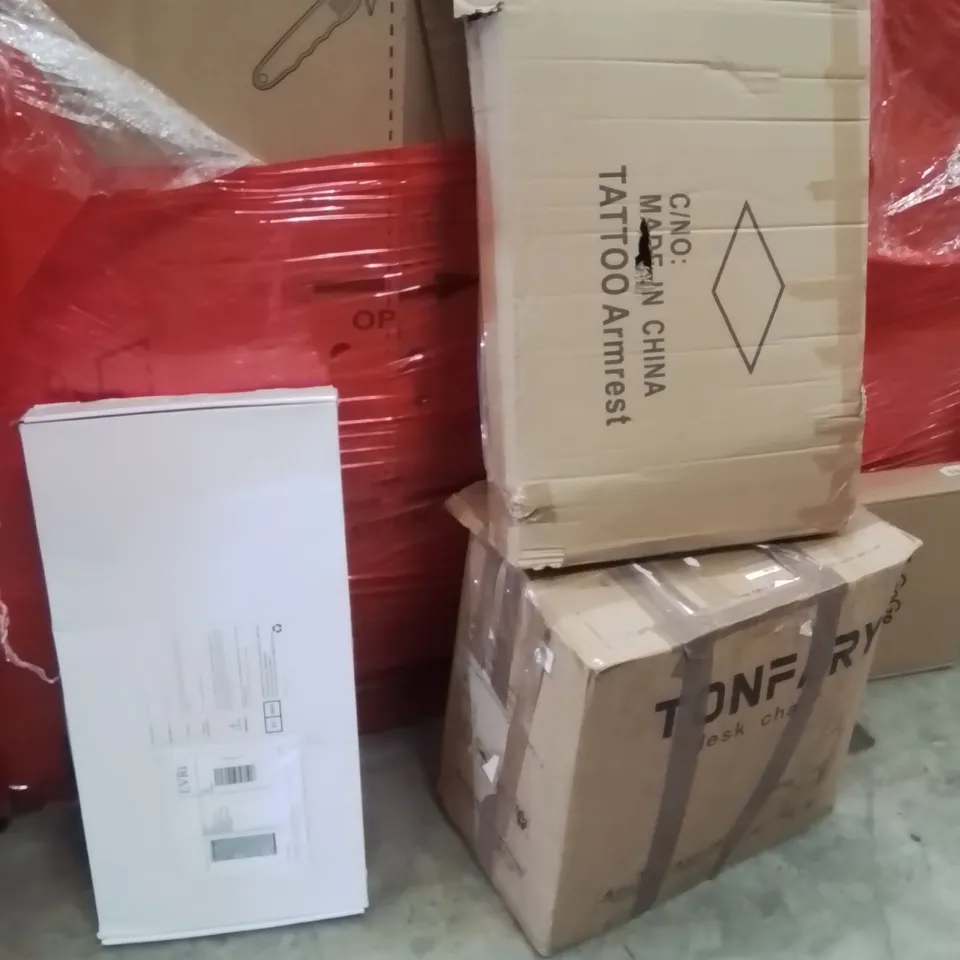 PALLET OF ASSORTED HOUSEHOLD GOODS AND PRODUCTS TO INCLUDE;SHOWER MIXER SYSTEM,DESK CHAIR,TATTOO ARMREST 