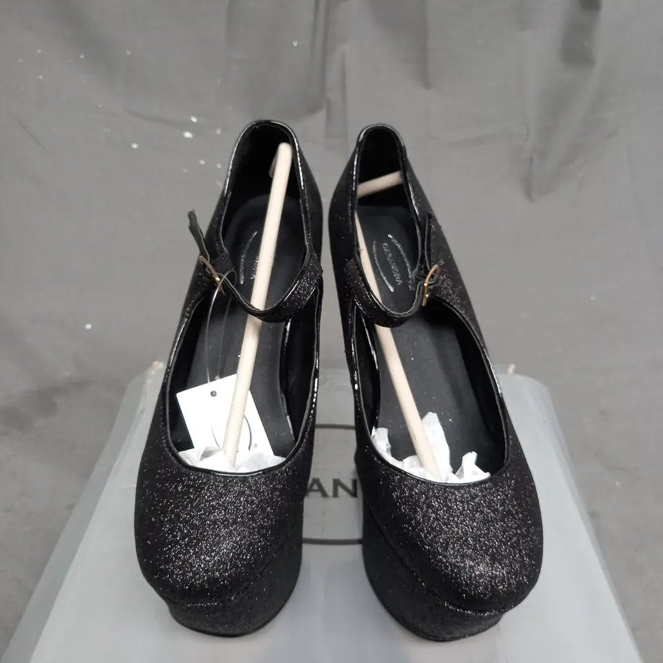 BOX OF APPROXIMATELY 14 BOXED BLACK SPARKLE WEDGED SHOES IN VARIOUS SIZES