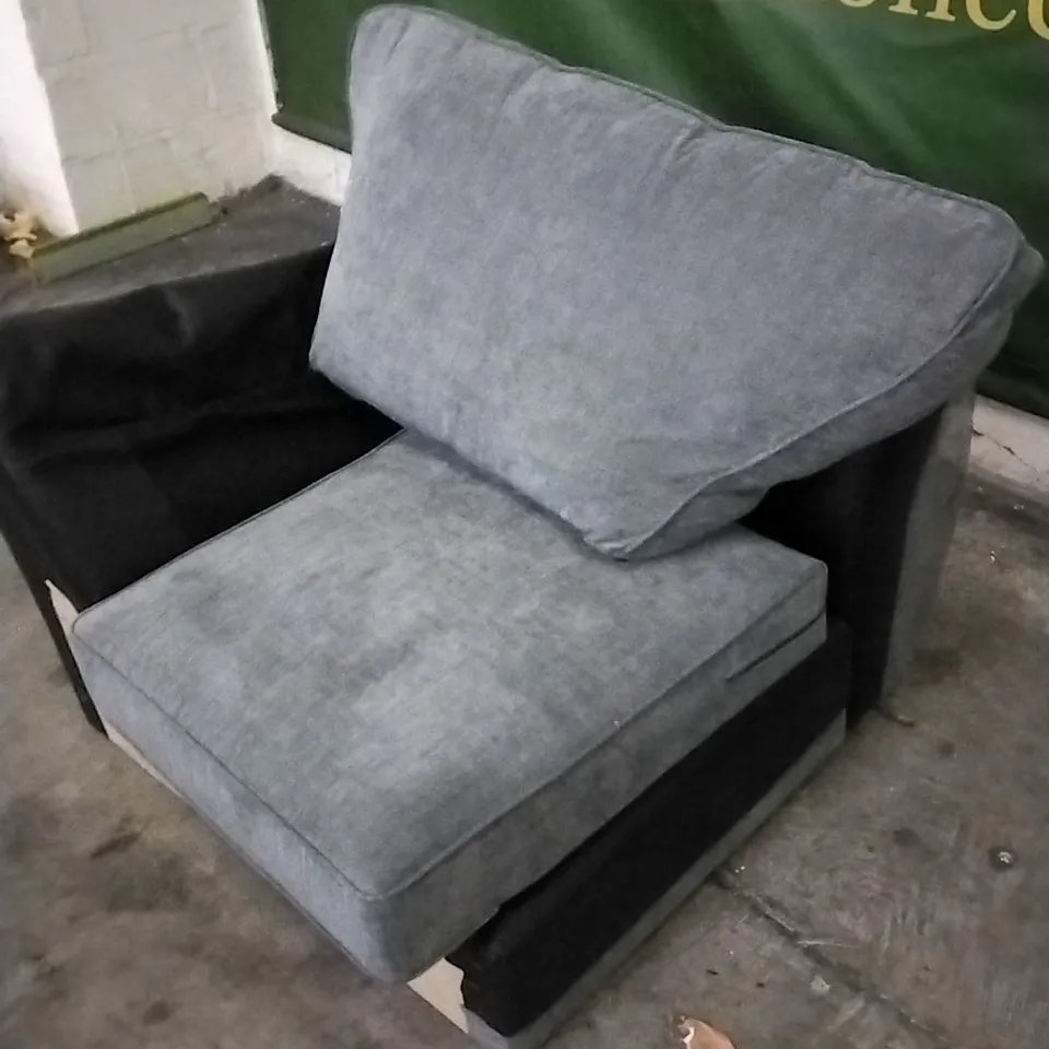 BLACK LEATHER ARMCHAIR WITH GREY CUSHIONS (MISSING ARM)