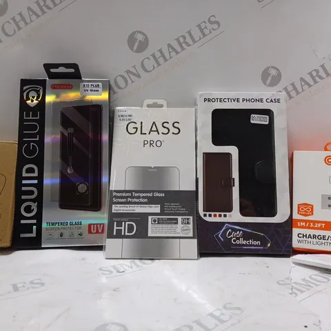 BOX OF APPROX 20 ASSORTED ITEMS TO INCLUDE - GRIFFIN CHARGE CYNC CABLE - GLASS PRO X/XS/11 PRO - LAMICALL FOLDABLE STAND ECT 