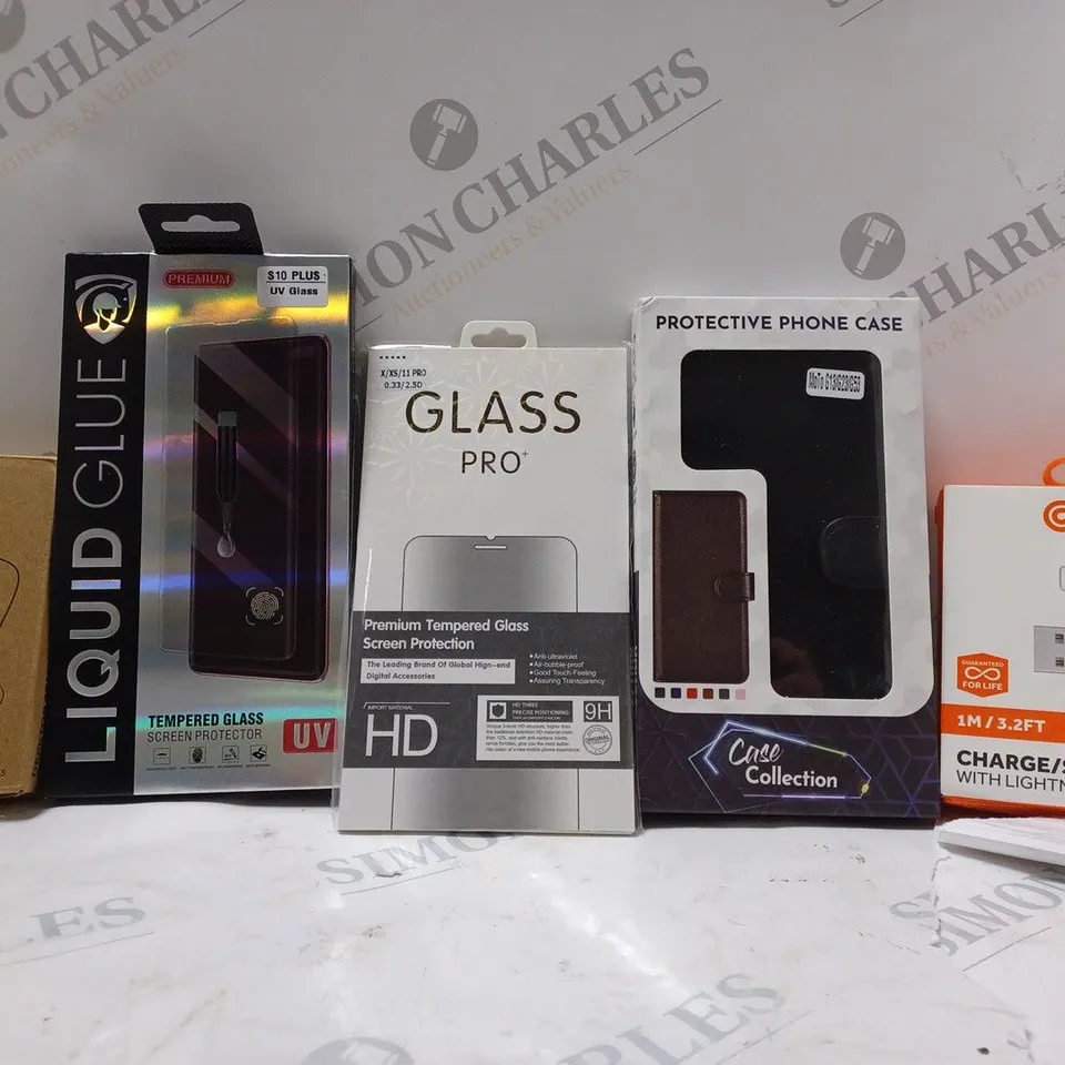 BOX OF APPROX 20 ASSORTED ITEMS TO INCLUDE - GRIFFIN CHARGE CYNC CABLE - GLASS PRO X/XS/11 PRO - LAMICALL FOLDABLE STAND ECT 