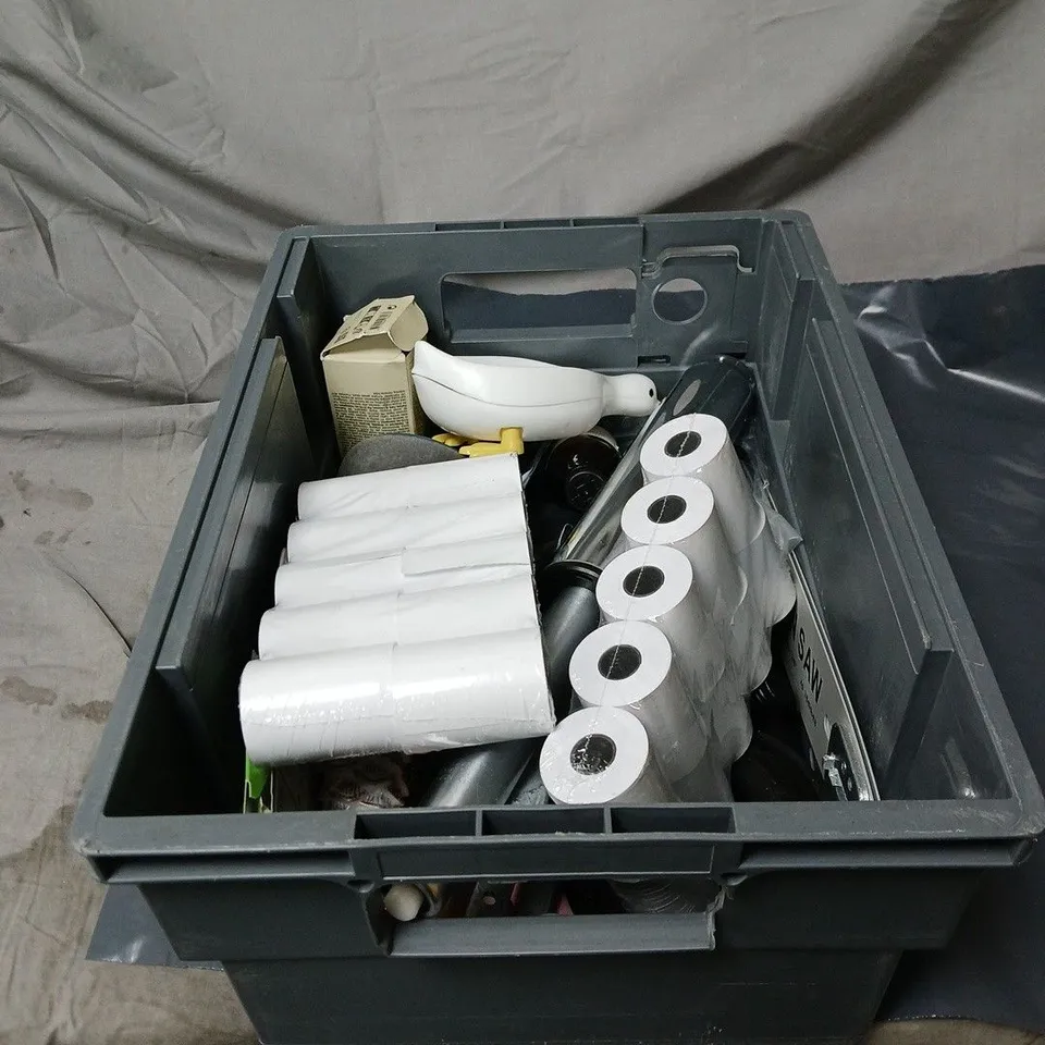 APPROXIMATELY 12 ASSORTED ITEMS TO INCLUDE TILL RECEIPT ROLLS, AROMATHERAPY BOTTLES, SOAP DISH, AESOP DROPS ETC 