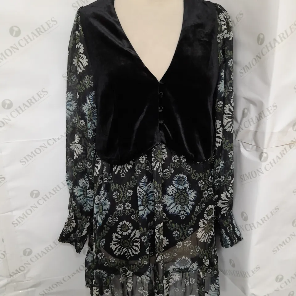 ZARA VELVET WAISTCOAT RUFFLE HEM DRESS IN BLACK AND GREEN FLORAL SIZE XS