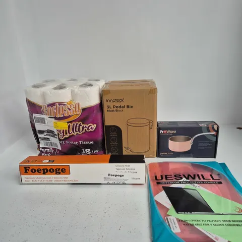BOX OF APPROXIMATELY 15 ASSORTED ITEMS INCLUDING USEWILL NOTEBOOK PROTECTIVE COVERS, PROWARE PROFESSIONAL COPPER TRI-PLY AND INNOTECK 3L PEDAL BIN