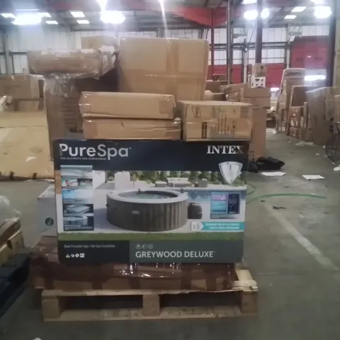 PALLET TO CONTAIN NEO PRODUCTS AND OTHER ASSORTED HOUSEHOLD GOODS TO INCLUDE;GREY WOOD DELUXE PORTABLE SPA,AIR COOLER,DECK CHAIRS,MIRROR,4FT TABLE
