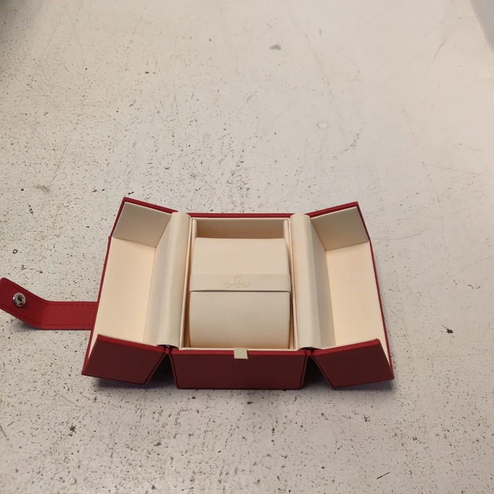 OMEGA RED LEATHER PRESENTATION WATCH BOX WITH OMEGA LOGO STRAP