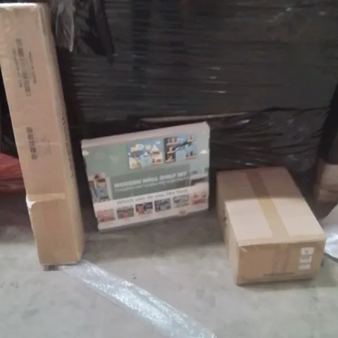 PALLET OF ASSORTED HOUSEHOLD GOODS AND PRODUCTS TO INCLUDE;CAMERA DRONE BAGS,WOODEN WALL SHELF SET,MAT