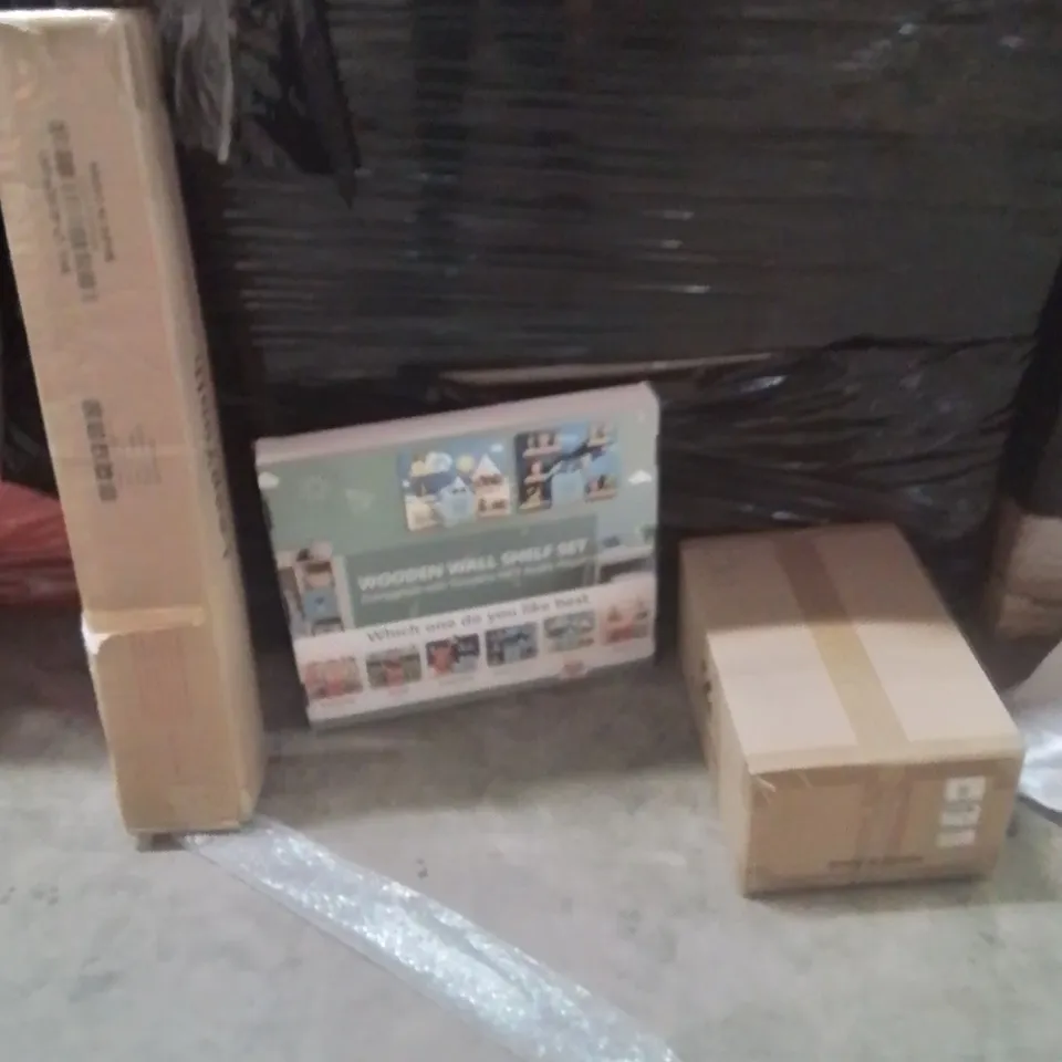 PALLET OF ASSORTED HOUSEHOLD GOODS AND PRODUCTS TO INCLUDE;CAMERA DRONE BAGS,WOODEN WALL SHELF SET,MAT