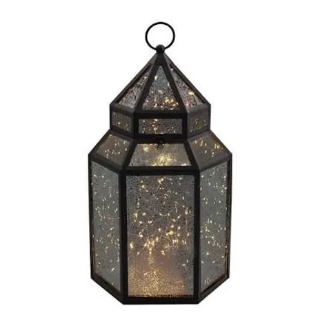 HOME STORIES MERCURY GLASS LARGE LANTERN WITH RICE LIGHTS