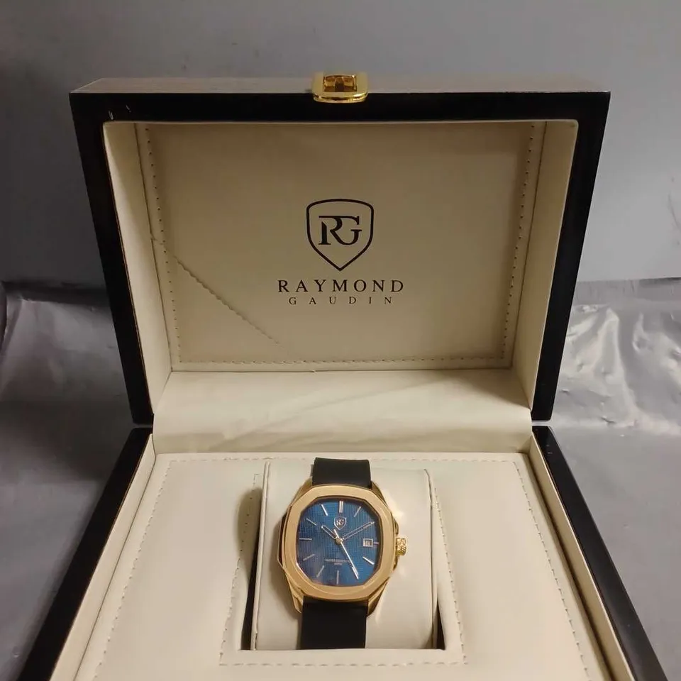 BOXED RAYMOND GAUDIN WATCH WITH RUBBER STRAP IN BLACK IN ROSE GOLD CASE