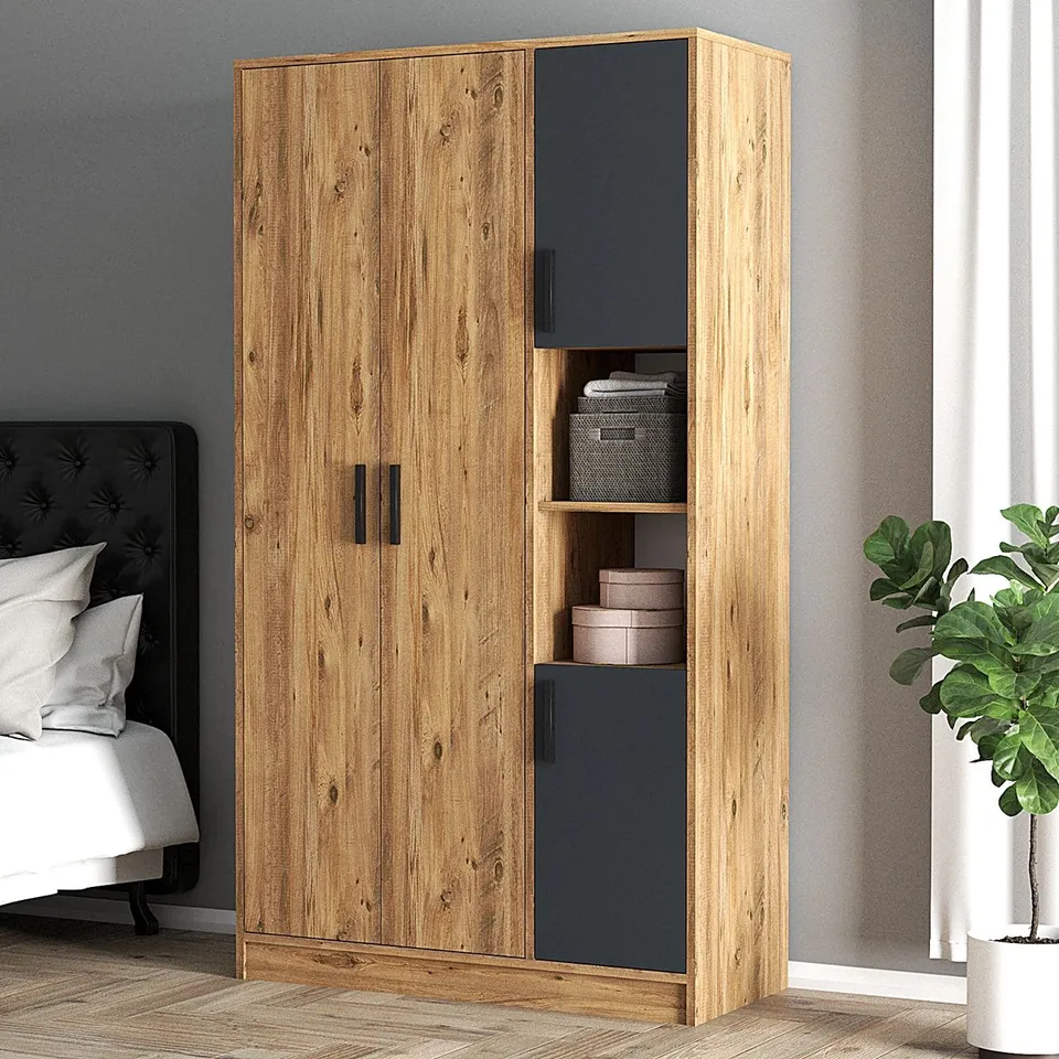 BRAND NEW BOXED ALEF WARDROBE, 4-DOORS WITH SHELVES, ATLANTIC PINE (1 BOX)