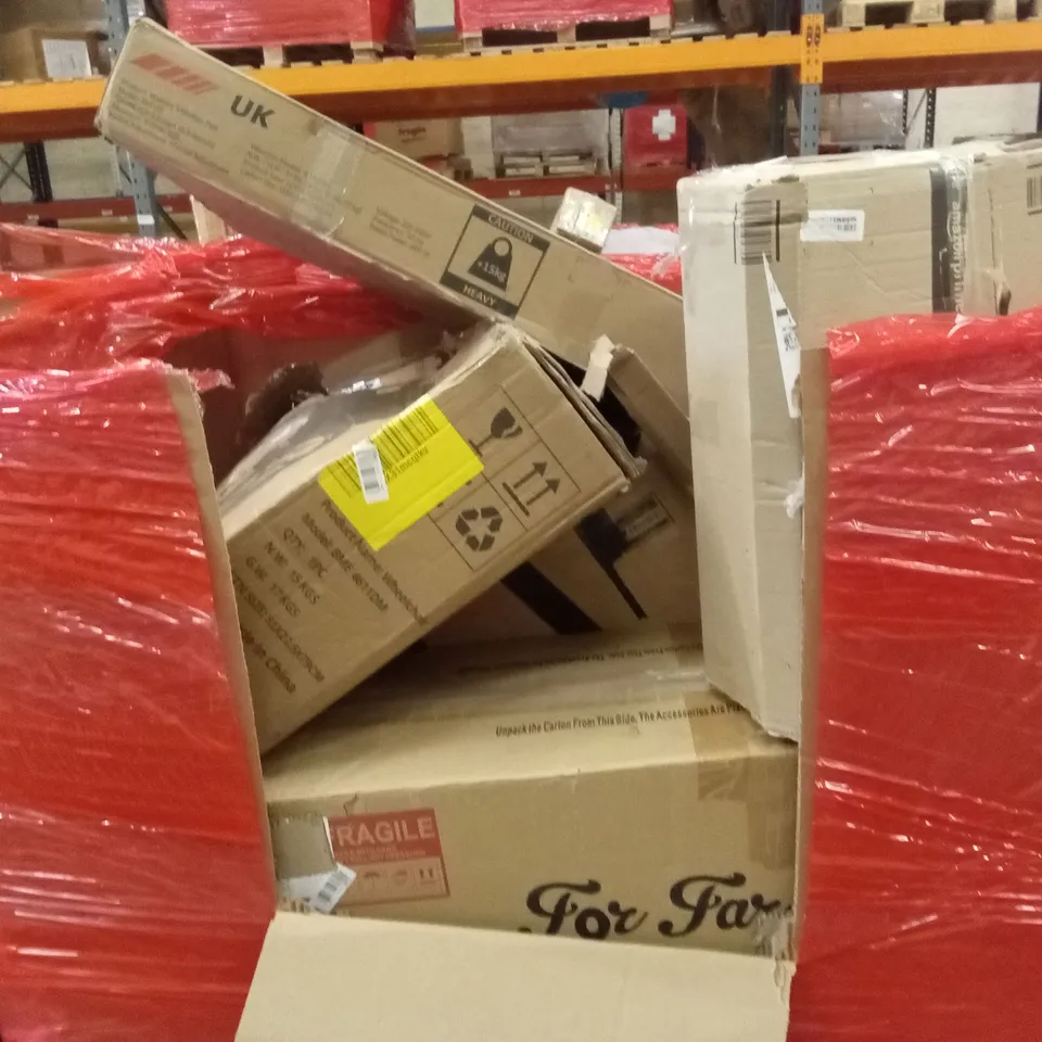 PALLET OF ASSORTED HOUSEHOLD GOODS AND PRODUCTS TO INCLUDE; WALKING PAD, WHEELCHAIR, BOXED FURNITURE ETC