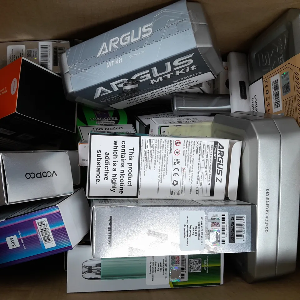 BOX OF APPROXIMATELY 10 ASSORTED E-CIGARETTE/VAPING PRODUCTS - MAKES, MODELS, COLOURS, AND STYLES VARY - COLLECTION ONLY