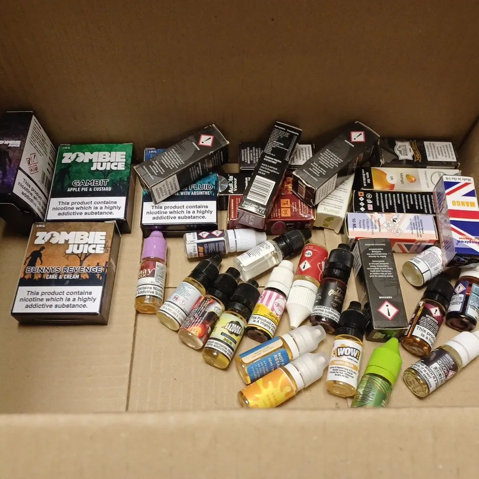BOX TO CONTAIN APPROX. 40 X ASSORTED E-CIGARETTE PRODUCTS. INCLUDES BATTERIES AND USB'S FOR E-CIGS, FLAVOUR LIQUIDS ETC 