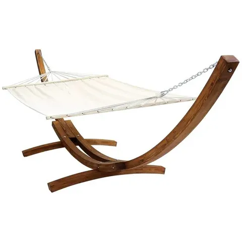 BOXED EXTRA LARGE WOODEN HAMMOCK WITH ARC STAND CREAM CANVAS