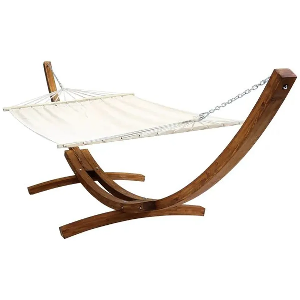 BOXED EXTRA LARGE WOODEN HAMMOCK WITH ARC STAND CREAM CANVAS
