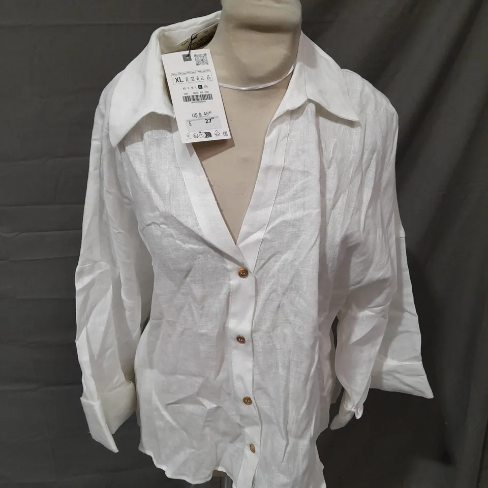 ZARA 100& LINEN WHITE SHIRT WITH COLLAR - EUR XL