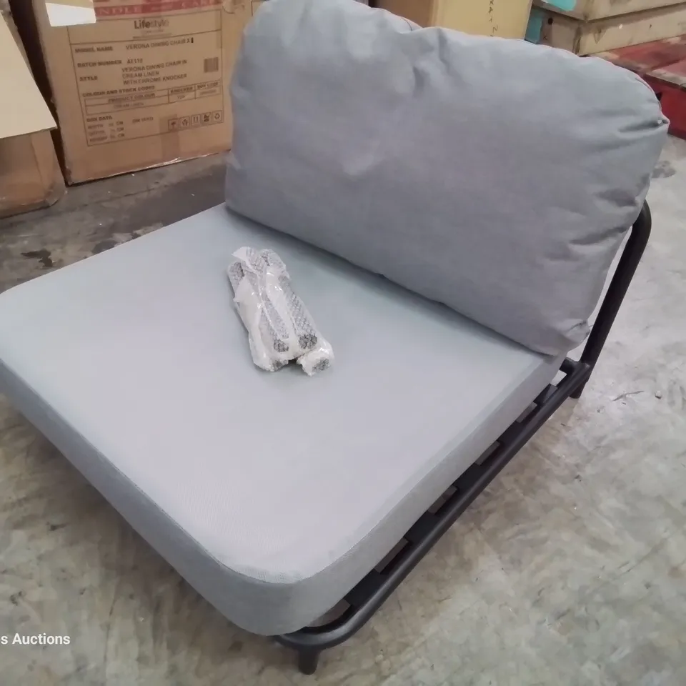 BOXED PAIR OF METAL FRAMED CHAIRS, GREY CUSHIONS 